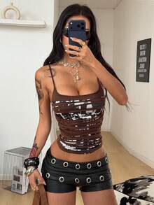 Coolane 女款棕色夏季 Y2K 辣妹風夜店雙層背心，復古時髦圖案切割工藝電音節街頭風派對上衣 - 摩卡棕 - 查看 4