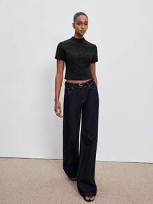 ATUI Studio Blus Lengan Pendek Kancing Ganda Kasual Warna Polos untuk Wanita, Atasan Musim Panas - Hitam - View 4