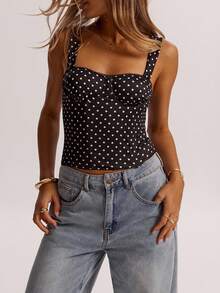 SHEIN BAE Áo nữ chấm bi, kiểu dáng thường ngày, đa năng. - Đen và trắng - Xem 3
