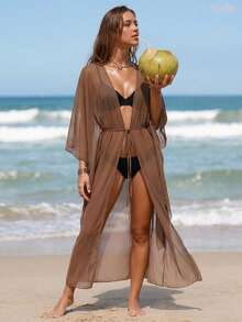 SHEIN Swim Summer Beach Lettuce Trim Belted Kimono Without Bikini Set - Brown - View 4