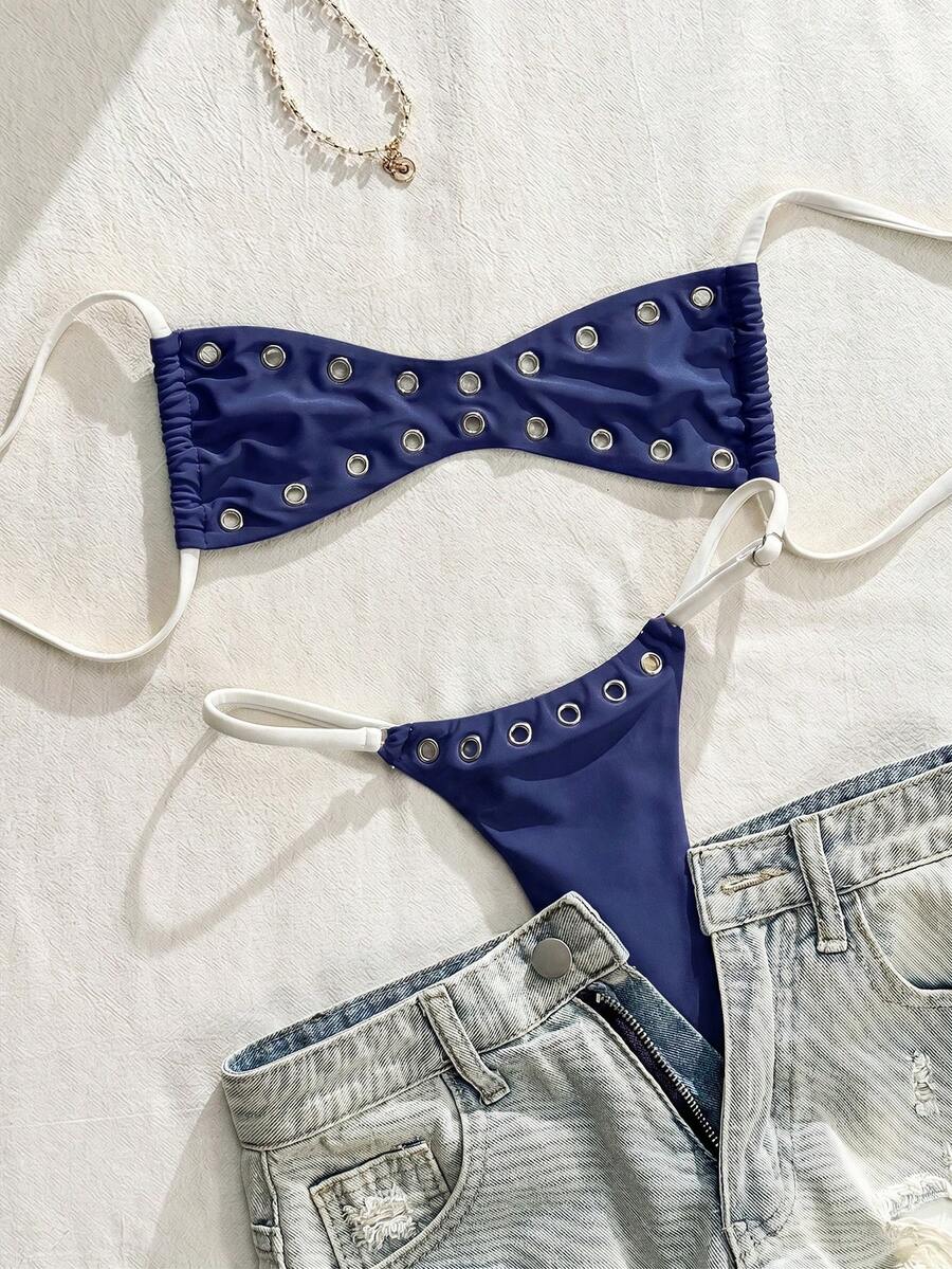 SHEIN Swim 2025新款女士纯色性感抹胸沙滩度假休闲性感泳装套装 - 藏蓝色 - 查看 1