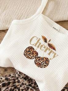 SHEIN LMoss Kids 女童两件套：纯色草莓图案吊带背心和草莓条纹印花短裤 - 卡其色 - 查看 5