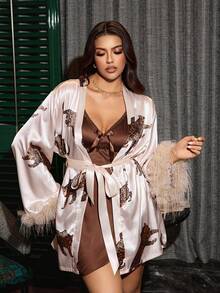 SilkySpell Luxury Satin Leopard Print Feather Trim Robe + Lace Cross Back Camisole Nightgown 2 Pieces Set, Plus Size - Multicolor - View 4