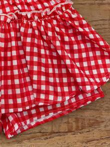 SHEIN Conjunto de camiseta de tirantes finos acanalada con estampado de cerezas de verano informal para niñas jóvenes - Rojo - Ver 3