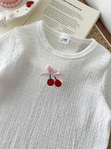 SHEIN 2件套女婴幼儿/新生儿0-3岁春夏可爱图案条纹针织樱桃刺绣短袖T恤和格子裤套装 - 粉色 - 查看 8