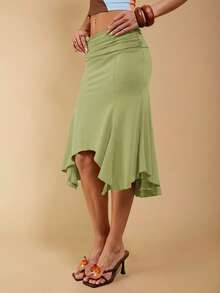 COSMINA Women's Elegant Casual Tropical Asymmetrical Ruched Brown Skirt, Suitable For Summer And , Mermaid Women, Trumpet Fishtail Vacation Sage Green - Green - View 5