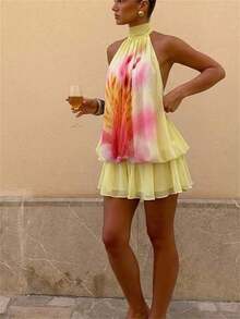 Aloruh 女士优雅浅黄色吊带系带迷你连衣裙 - 彩色 - 查看 2