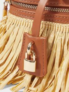 SHECARRY Ladies Handbag, Stylish And Simple, Elegant And Versatile, Classic, Straw Mat Tassel, Metal Padlock Decoration, Suitable For Commuting, Office, Dating, Daily, Shopping, Afternoon Tea And Other Occasions. - Beige - View 5