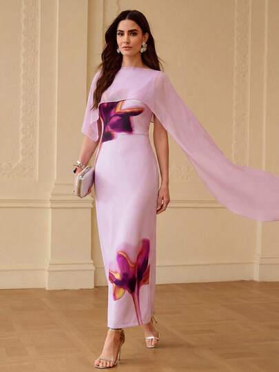 ZEYLAH Elegant Fitted Printed Dress With Shawl, Spring/Summer