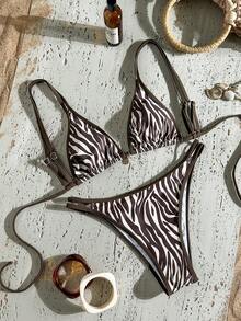 Swim Vcay Bộ bikini hai mảnh dáng rộng, sọc nâu, tôn dáng, thích hợp cho nữ, mùa xuân/hè 2026, lý tưởng cho kỳ nghỉ biển. - Nhiều màu - Xem 2