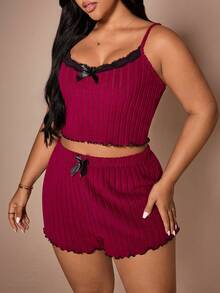Lazeform Plus Size Casual Lace Patchwork V-Neck Camisole & Shorts Pajama Set - Multicolor - View 5