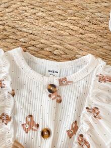 SHEIN 1pc Newly Born Baby Girls' White Summer Cute Cartoon Bear Print Flutter Sleeve Bow Tie Dress Skirt With Hat,Snap Button Design,Casual Outing Outfit - Apricot - View 7