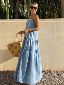 Livesso Women's Blue Backless Spaghetti Strap Dress, Casual Vacation Beach Style, Spring & Summer - Blue - View 5