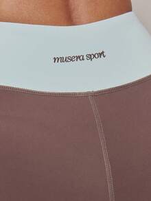 Musera Sport Contrast Cross Over Waistband Active Shorts Sports Workout Gym Pilates Fitness Daily Casual Aqua - Brown - View 6