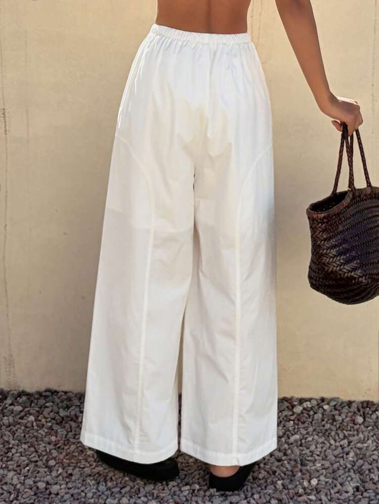 Women's Loose Solid Color Drawstring Waist Patchwork Cotton Casual Cropped Pants, Summer