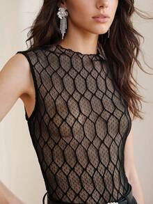 Anewsta Women's Stand Collar Lace Sexy Sheer Casual Top - Black - View 6