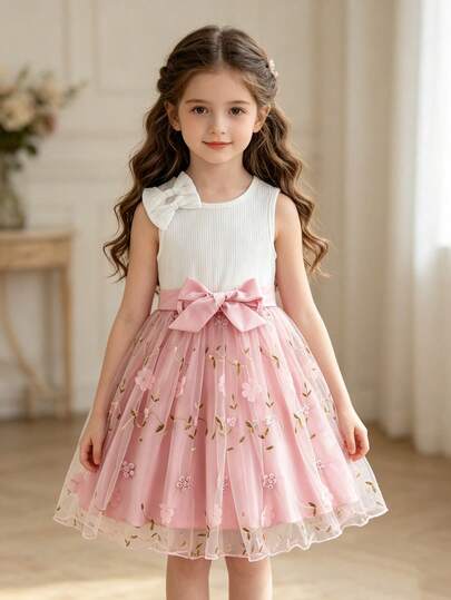 SHEIN Young Girl' Round Neck Sleeveless 3D Floral Mesh Summer Casual Dress