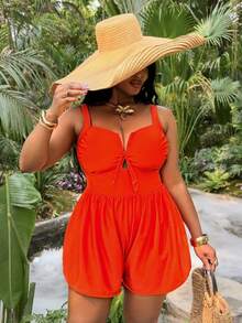 Slaydiva Plus Size Women's Solid Color One-Piece Spaghetti Strap V-Neck Tie-Front Tankini Swimsuit - Orange - View 3