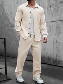 Manfinity CasualCool Bộ áo sơ mi dài tay cổ cài cúc và quần dài dành cho nam, thích hợp cho mùa thu/đông. - Màu be - Xem 4