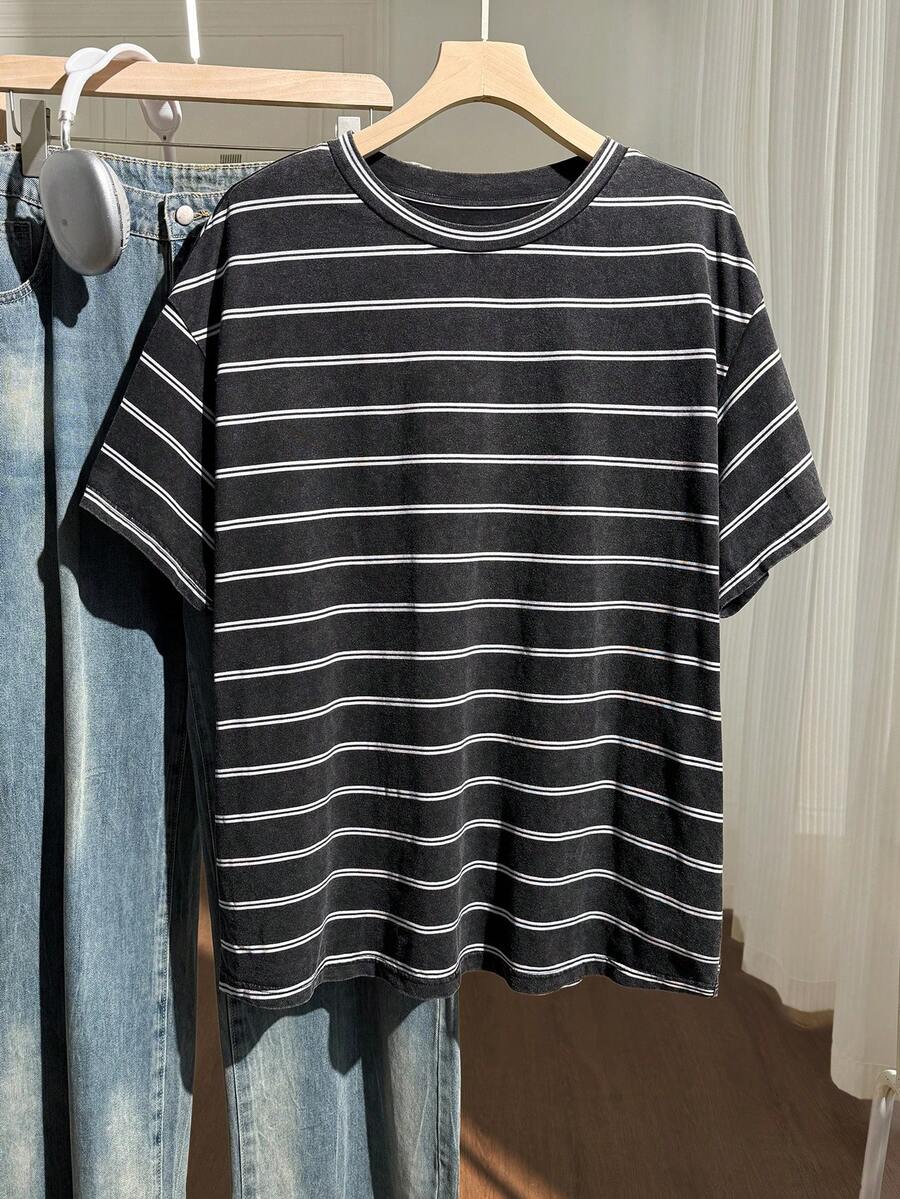 Comfortcana 大码女式夏季休闲条纹圆领短袖T恤 - 黑色 - 查看 1