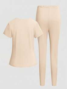 TaskEZ Solid Color Short Sleeve Pocket Top And Pants Scrub Uniform Set - Apricot - View 4