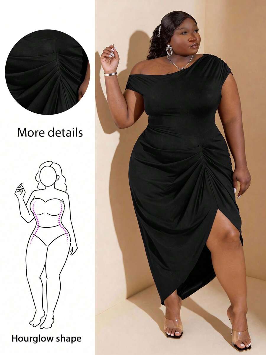 CurvyTilda 大码女装秋冬时尚优雅约会派对黑色弹力针织舒适褶饰垂坠连衣裙不对称下摆开衩中长连衣裙、毕业礼服、生日礼服 - 黑色 - 查看 1