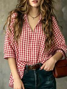 Linhara Women's Plus-Size Red And White Checkered Blouse, Retro 1920s 90s Country Picnic Brunch Style, Autumn Ruffled Stand-Up Collar V-Neck Loose-Fitting Top - Red - View 3