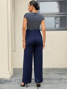 MaterniWear 孕妇夏季休闲度假通勤拼接条纹蝙蝠袖哺乳连体衣 - 寶藍色 - 查看 8