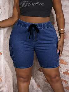 Slaydiva Shorts vaqueros de cargo sexy de cintura alta y silueta ajustada para tallas grandes - Azul lavado oscuro - Ver 3
