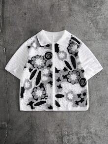 AXEPEAK Men's Summer Beach Vacation Floral Pattern Open Knit Short Sleeve Sweater - Multicolor - View 3