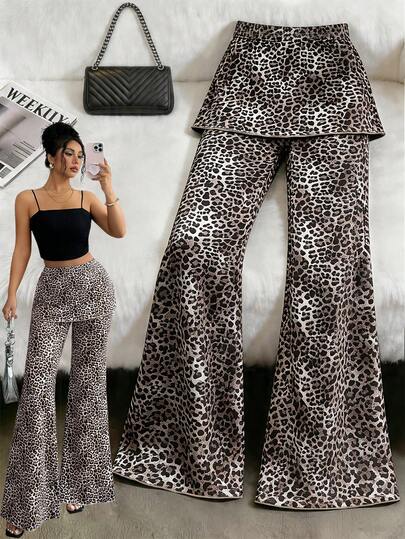 Elenzga Sophisticated Women's Undergarment Leggings Made From Soft Milk Silk Fabric. The Design Features A Stylish Leopard Print Double-Layered Pattern. The Flared Leg Silhouette Provides A Flattering Fit. Ideal For Work, Travel, And Social Occasions. Women's Summer Pants, Women's Festival Outfits, Women's Fitness Pants.