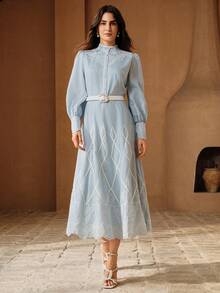 Anewsta Women's Embroidered Elegant Mid-Length Dress - Baby Blue - View 6