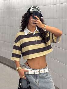 StreetHx 女士春夏藏青黄条纹街头休闲通勤短款Polo衫 - 彩色 - 查看 4