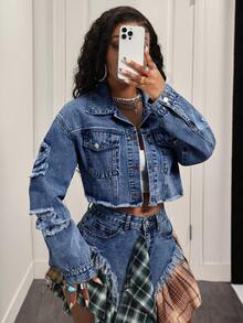 BamGleam Áo khoác denim rách dáng thường ngày dành cho nữ - Rửa trung bình - Xem 8