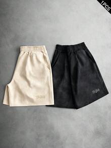 PAVTROS 品牌做舊黑色與米色刺繡 Logo 休閒短褲，夏季休閒度假短褲，適合日常穿著、音樂節，男友禮物，1 件裝 - 黑色 - 查看 7