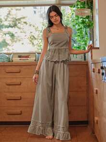 Bộ đồ ngủ nữ bằng vải cotton dệt kiểu Bohemian với dây đeo mảnh. - Xám - Xem 3