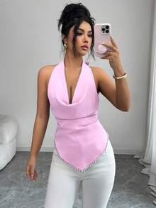 Elenzga Women's 2026 Spring/Summer New Draped Neck Ruched Backless Camisole - Baby Pink - View 4