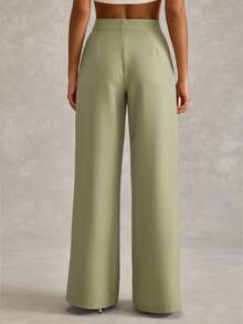 SHEIN Cottnline Women Button Detailed Wide Leg Pants - Olive Green - View 4