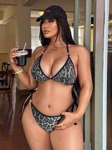 SHEIN Swim SXY Plus Size Women Leopard Print Sequin Sexy Bikini Two Pieces Swimsuit - Grey - View 3