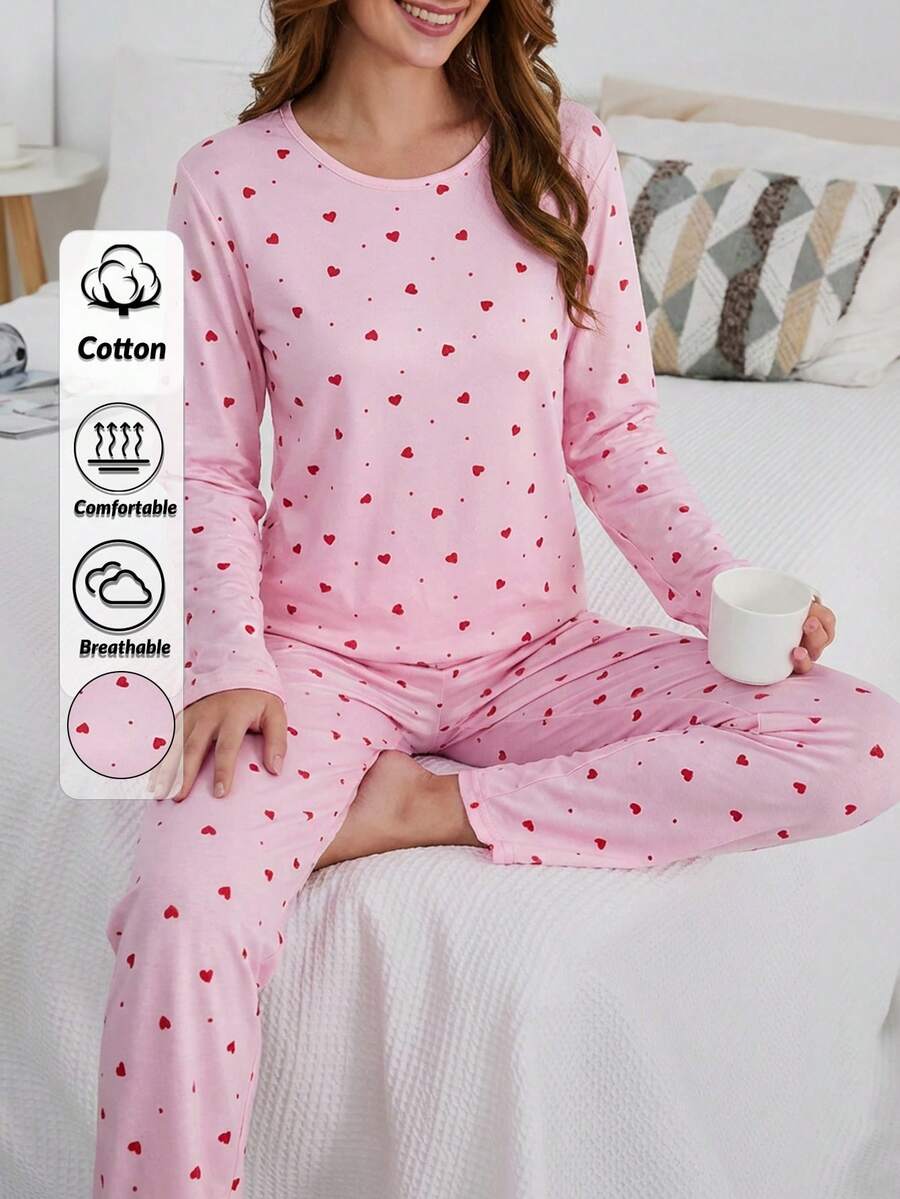 Dam Mjuk mocka med rund halsringning, hjärtmönster, långärmad skjorta och sovbyxor, pyjamasset för hemmabruk - Rosa - Visa 1
