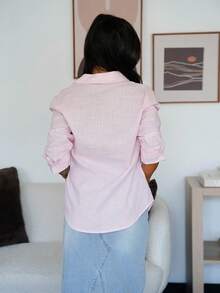 SAYEHFBABY Áo sơ mi nữ màu hồng cổ điển, kiểu dáng công sở, tay dài, cài cúc, vai thường, thích hợp cho đi làm, văn phòng và mặc thường ngày, mùa xuân/hè. - Hồng - Xem 2
