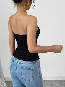 Elenzga Áo croptop nữ kiểu bustier phối màu tương phản, thiết kế cài nút, hở lưng. - màu đen - Xem 2