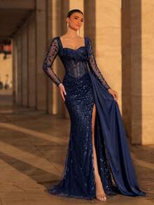 Glamrae Luxurious Elegant Embroidered Sequin Lace Satin Splice Fishtail Skirt, Side Slit Evening Dress With Drape,Perfect For Weddings,Parties&Galas - Navy Blue - View 6
