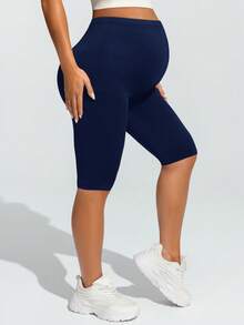 SHEIN Maternity Casual Solid Color Elastic Waist Pocket Lifting Leggings - Navy Blue - View 6