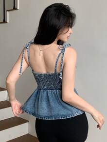 DAZY Women's Knotted Shoulder Strap Fashionable Denim Camisole - Blue - View 2
