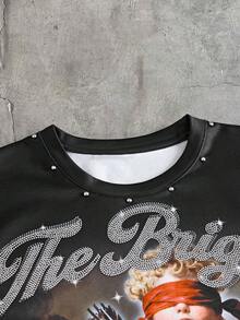 AXEPEAK Camiseta de tirantes minimalista con estampado para hombres y decoración de diamante de imitación - Negro - Ver 4
