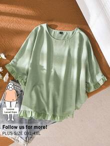 CosyJoli Blusa casual de mujer talla grande con cuello redondo y mangas cortas con adorno floral verde - Verde - Ver 3