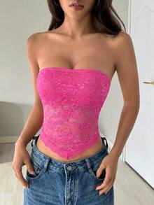 SHEIN EZwear 女士蕾丝拼接不对称下摆性感露肩短款上衣，玫瑰红 - 玫紅色 - 查看 6