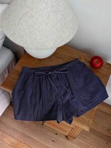Comfortcana Pantalones cortos de mujer casuales y sueltos con cordón, pantalones cortos de lino de uso diario versátil en azul marino - Azul Marino - Ver 7