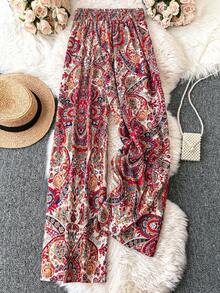 SHEIN Quần ống rộng dáng suông in họa tiết Paisley dành cho nữ cỡ lớn, cạp chun, thích hợp cho đi biển và nghỉ lễ. - Nhiều màu - Xem 2